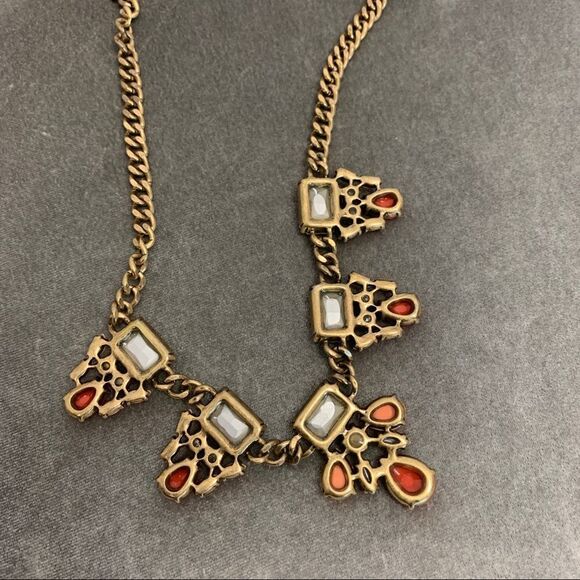 J.crew coral red pink peach clear gem jewelled gold-tone chain link necklace - Picture 9 of 10